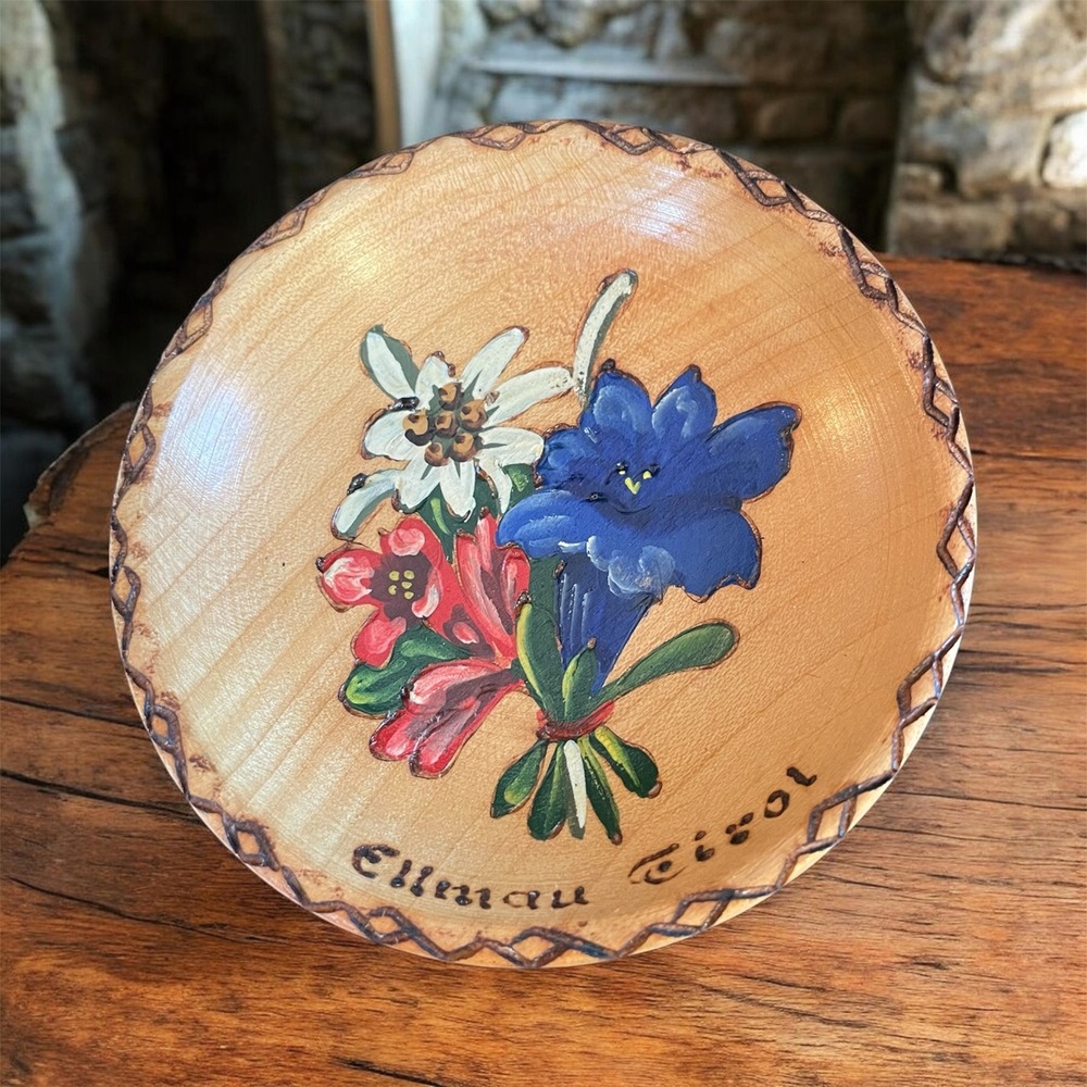 Vintage Ellmau Tirol Hand Painted Wood Bowl Alpine Flowers Edelweiss Austria